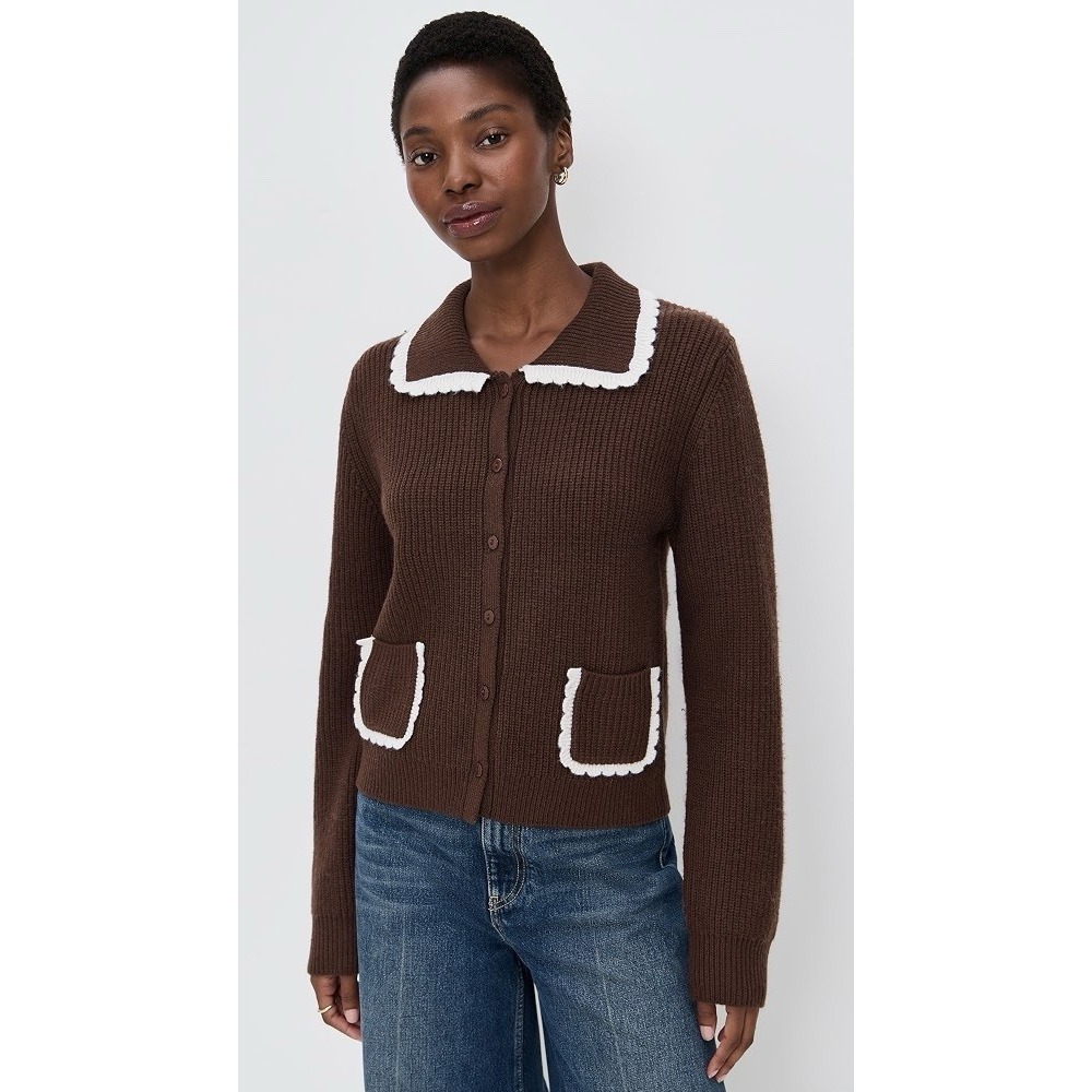 WAYF Millie Cardigan Women's Small S Chocolate Brown Wool Blend Ruffle Collar